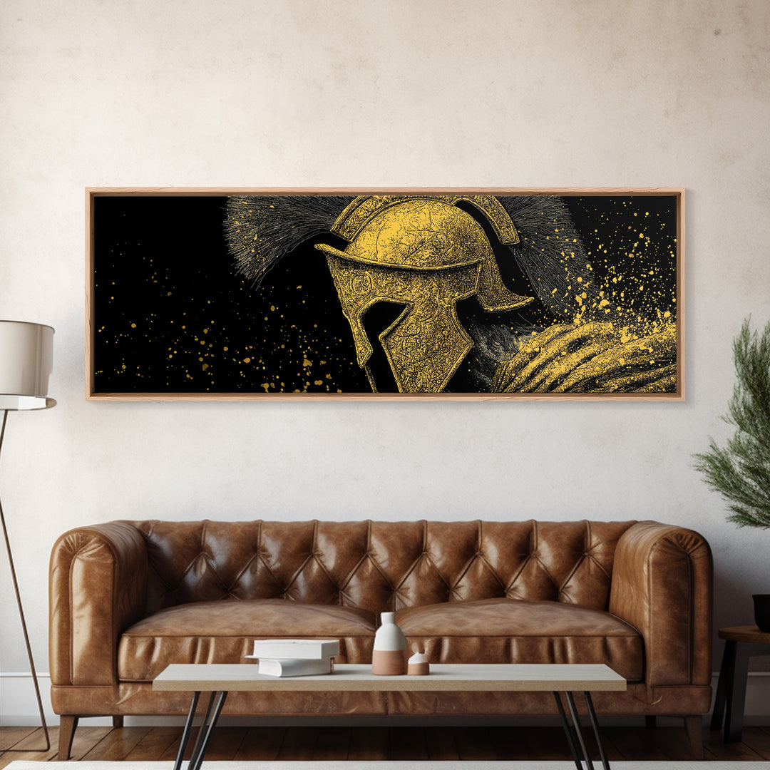 Spartan Helmet Portrait, Ancient Greek Warrior Symbolic Decorative Artwork, Gold Canvas Print, Real Wood Frame Wall Decor