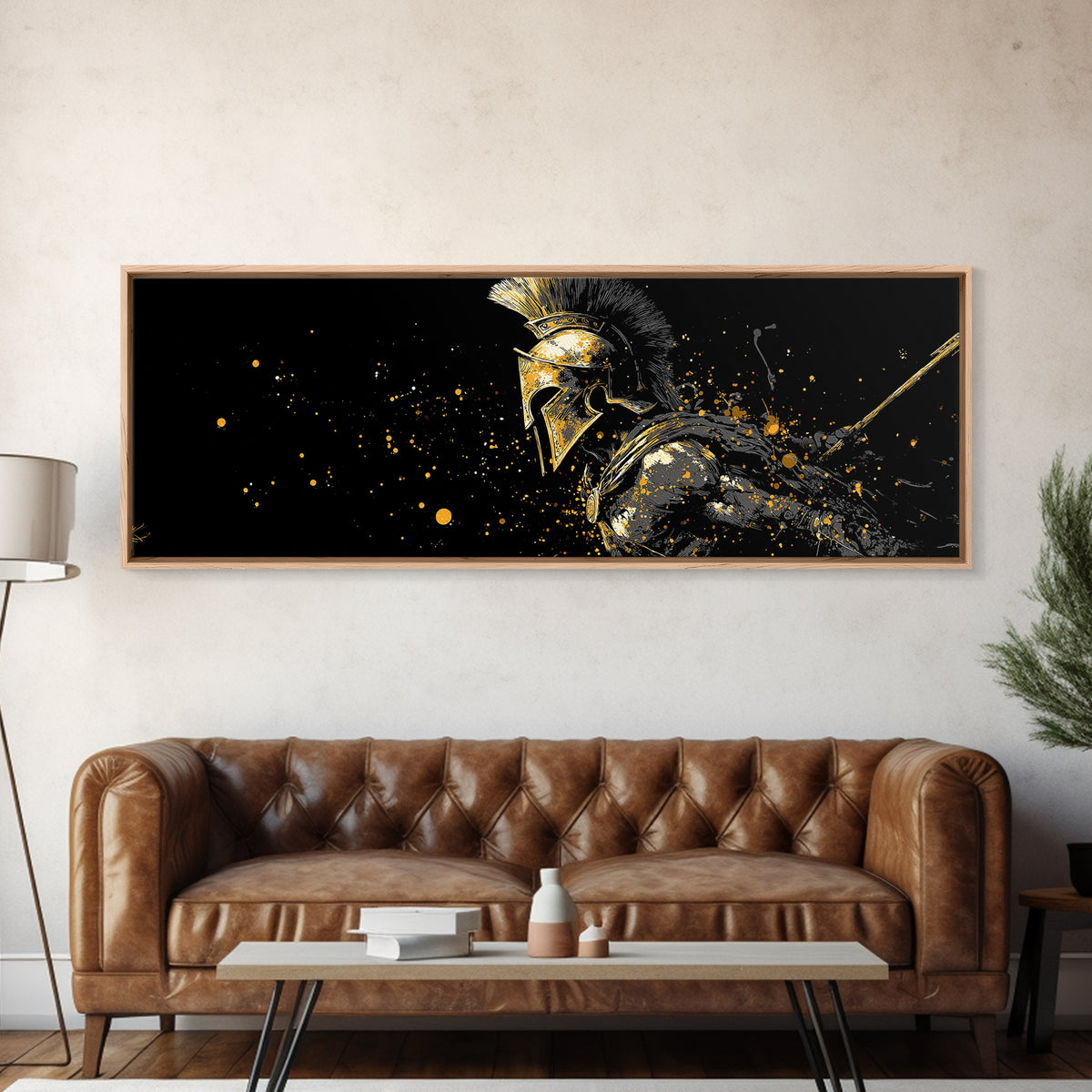 Greek Warrior In Battle Stance, Mythological Spartan Hero Decorative Artwork, Gold Canvas Print, Real Wood Frame Wall Art