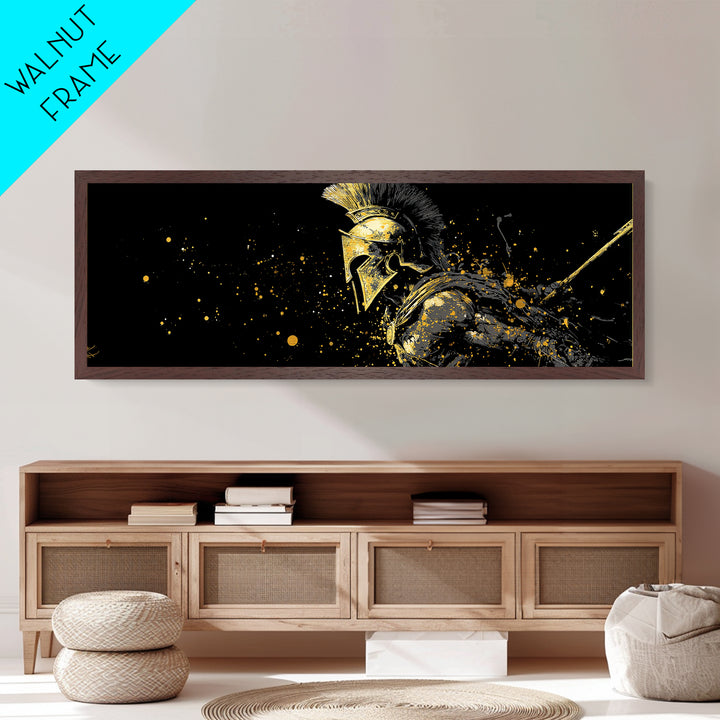 Greek Warrior In Battle Stance, Mythological Spartan Hero Decorative Artwork, Metallic Gold Metal Print, Real Wood Frame Wall Art
