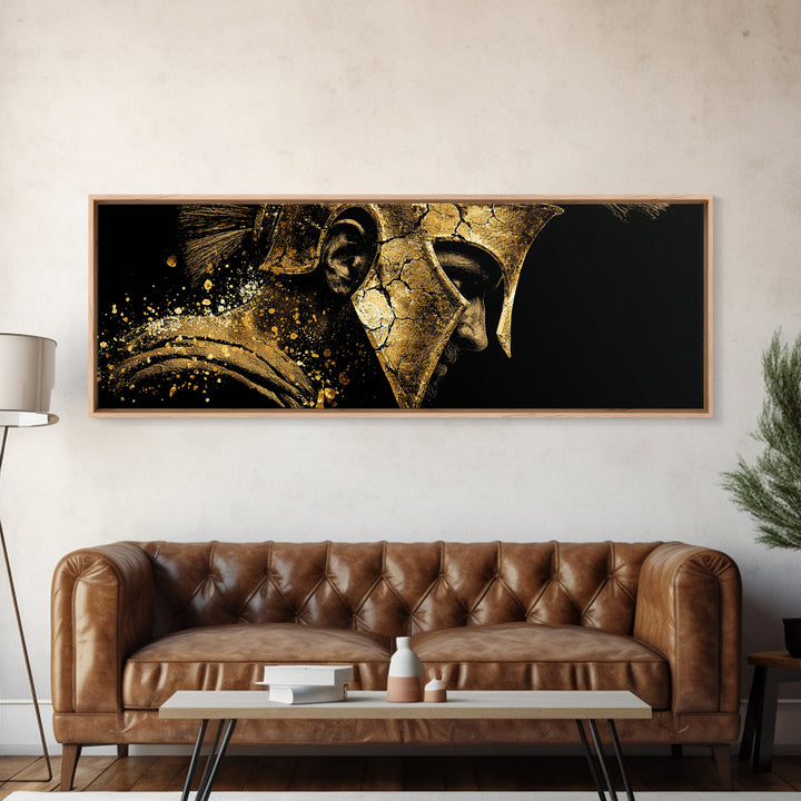 Spartan Helmet Side Profile, Ancient Greek Warrior Armor Decorative Artwork, Gold Canvas Print, Real Wood Frame Wall Decor