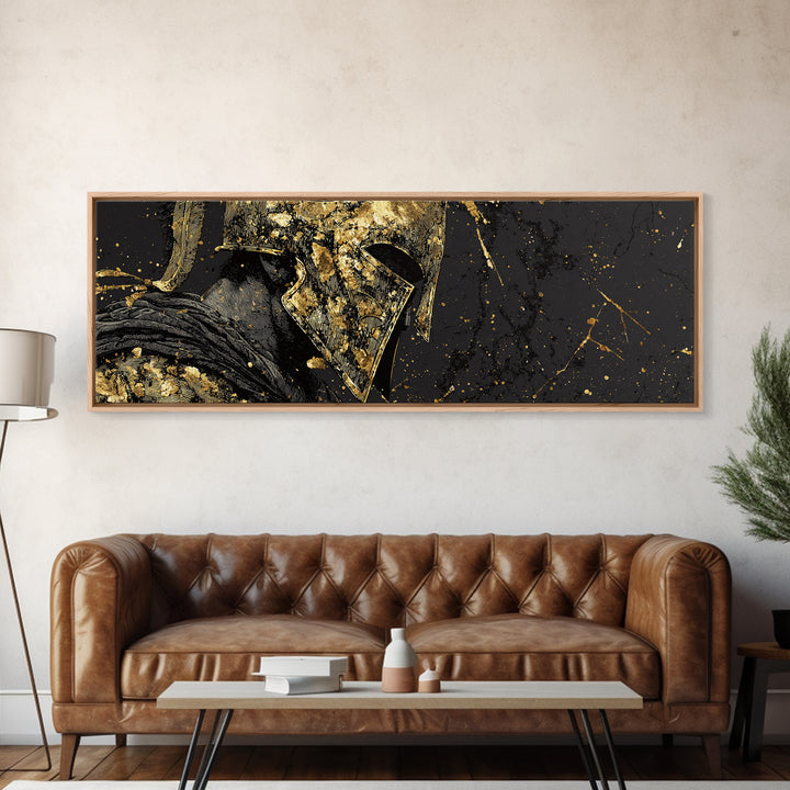 Greek Warrior Close Up, Spartan Mythological Armor Decorative Wall Artwork, Gold Canvas Print, Real Wood Frame Wall Decor