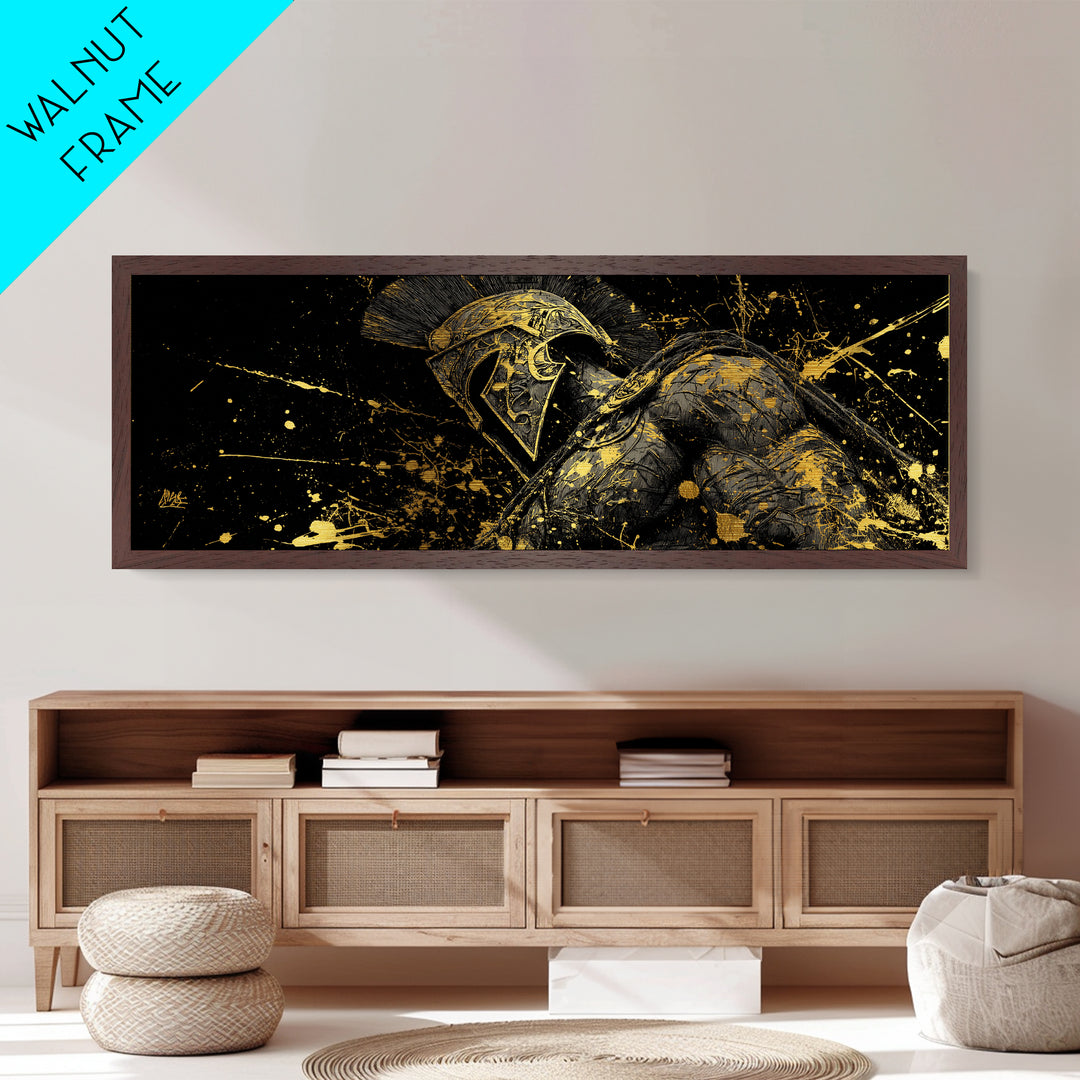 Detailed Spartan Helmet, Ancient Greek Mythological Warrior Decorative Artwork, Metallic Gold Metal Print, Real Wood Frame Wall Art