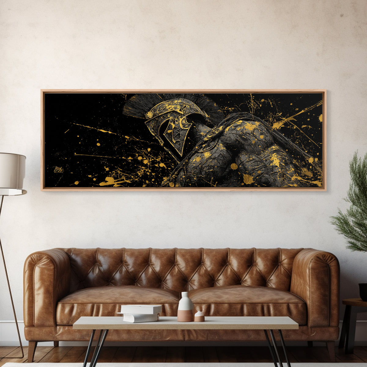 Detailed Spartan Helmet, Ancient Greek Mythological Warrior Decorative Artwork, Gold Canvas Print, Real Wood Frame Wall Art