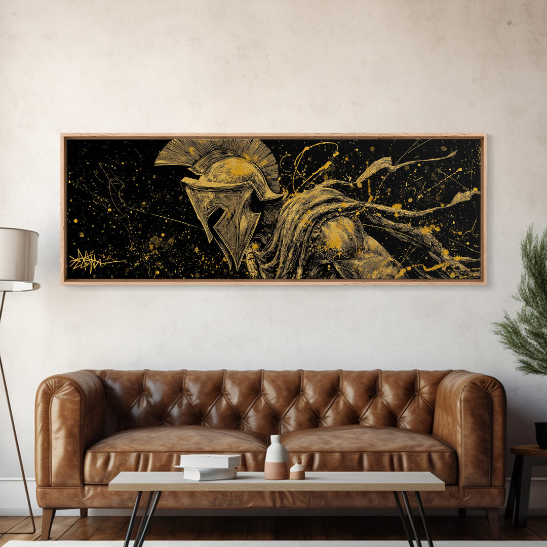 Greek Warrior Battle Pose, Ancient Spartan Hero Decorative Wall Artwork, Gold Canvas Print, Real Wood Frame Wall Decor