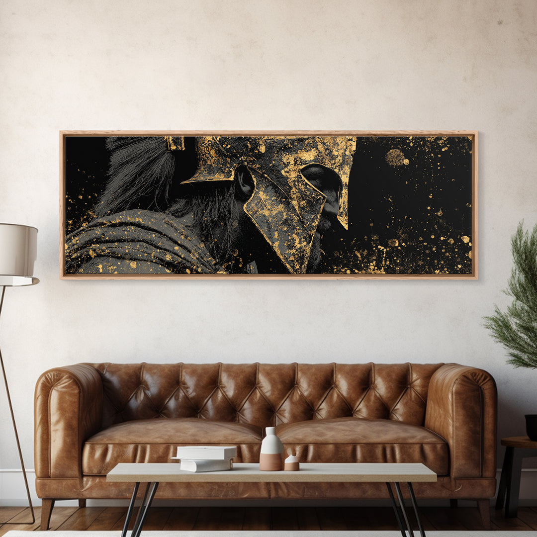 Spartan Helmet Warrior, Ancient Greek Mythological Armor Symbol Artwork, Gold Canvas Print, Real Wood Frame Wall Decor