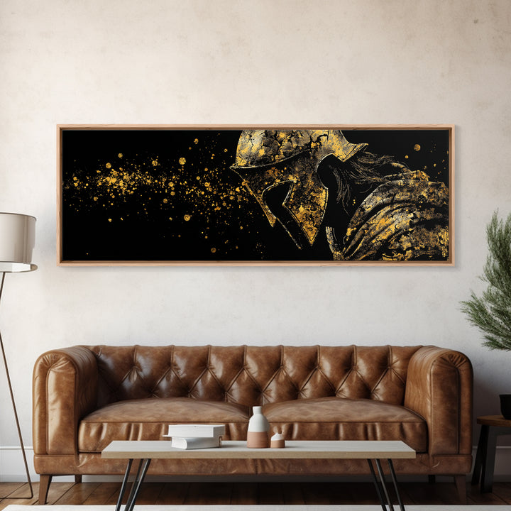 Greek Warrior With Cloak, Ancient Spartan Helmet Decorative Wall Artwork, Gold Canvas Print, Real Wood Frame Wall Decor