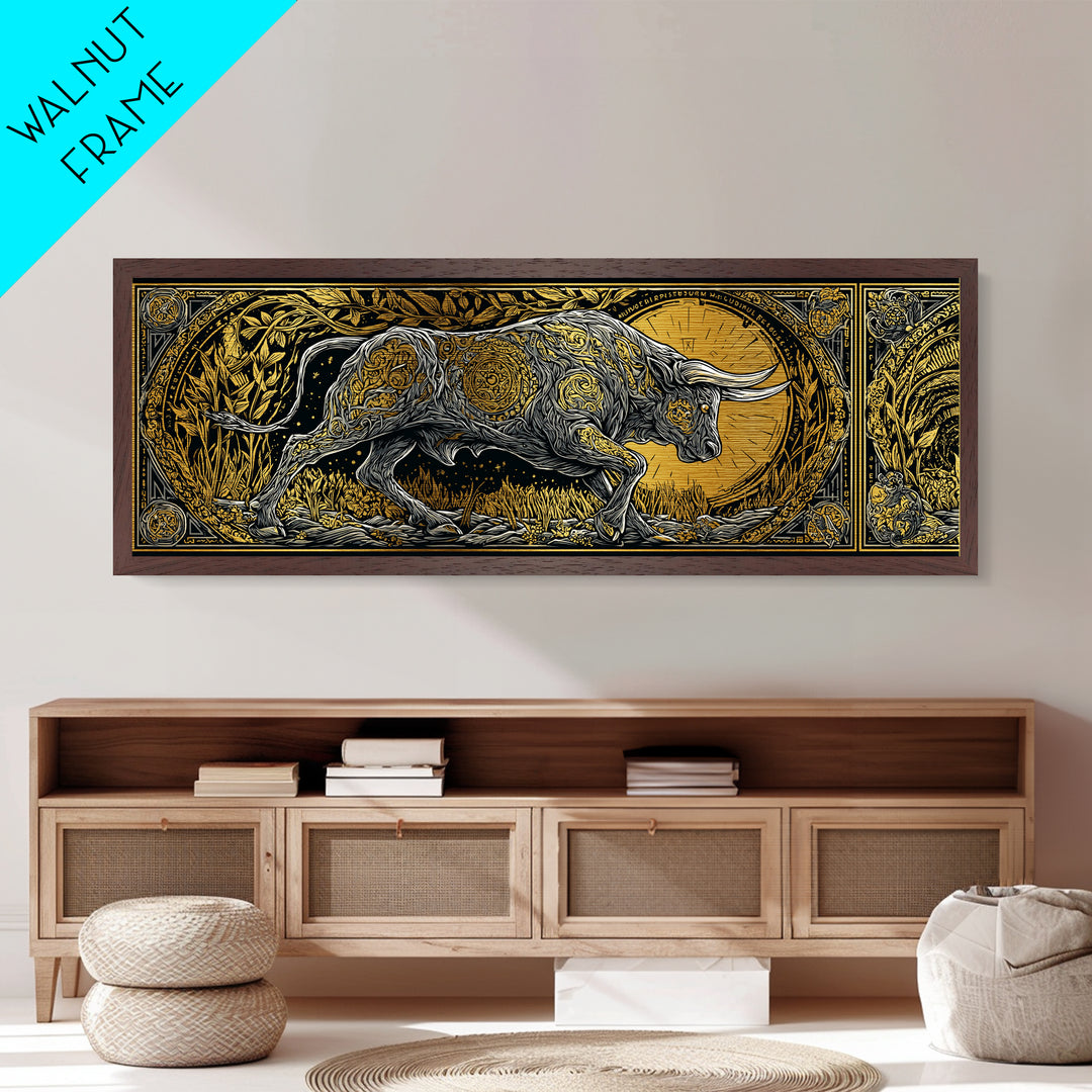 Ornamental Bull Design, Mythical Strength Symbol Wall Decor, Metallic Gold Metal Print, Real Wood Framed Art