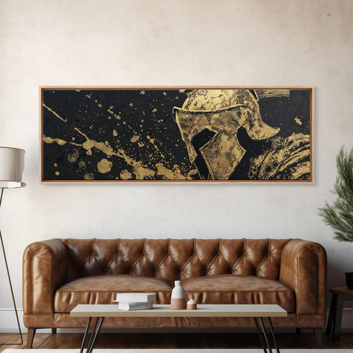 Spartan Helmet Warrior Portrait, Ancient Greek Heroic Symbol Decorative Artwork, Gold Canvas Print, Real Wood Frame Wall Decor