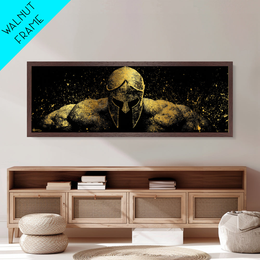 Spartan Warrior Front View, Ancient Greek Helmet Strength Symbol Decorative Artwork, Metallic Gold Metal Print, Real Wood Frame Art