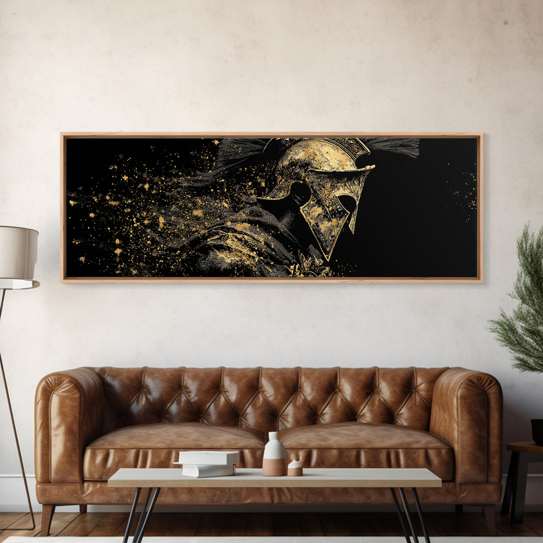 Greek Warrior Side Portrait, Ancient Spartan Helmet Mythological Decorative Artwork, Gold Canvas Print, Real Wood Frame Decor