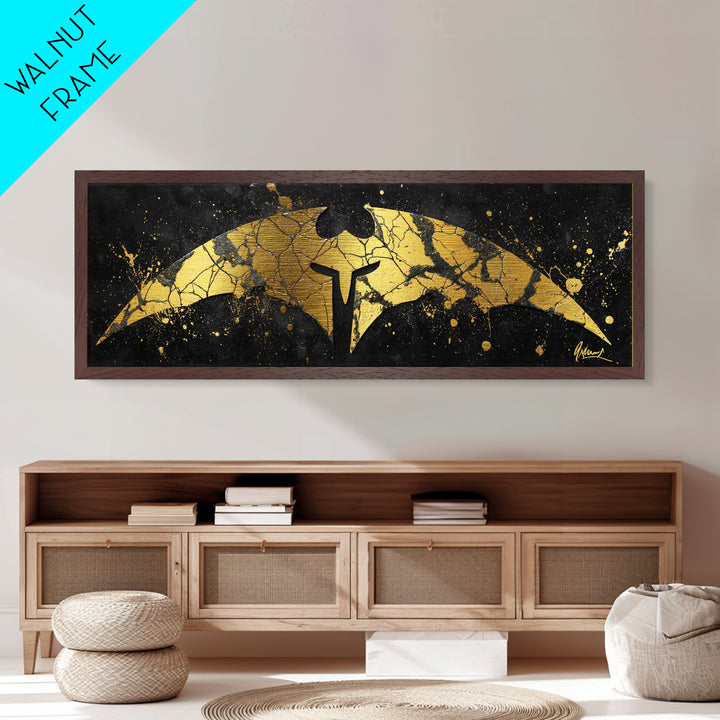 Spartan Helmet Emblem, Abstract Mythology Symbol Decorative Artwork, Metallic Gold Metal Print, Real Wood Frame Warrior Wall Art