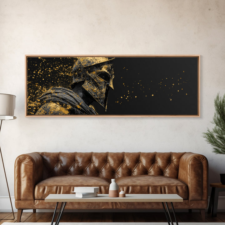 Greek Warrior Armor Detail, Spartan Hero Mythological Decorative Artwork, Gold Canvas Print, Real Wood Frame Wall Decor