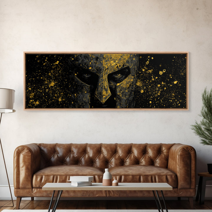 Spartan Helmet Close Up, Ancient Greek Warrior Decorative Artwork, Gold Canvas Print, Real Wood Frame Mythology Wall Decor