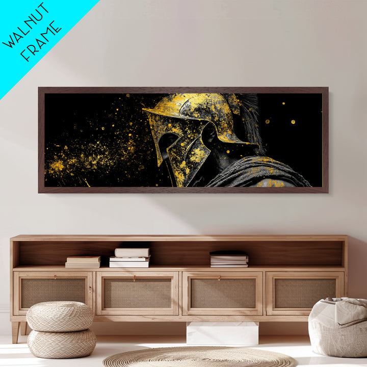 Greek Warrior Face Close Up, Spartan Helmet Intense Gaze Decorative Artwork, Metallic Gold Metal Print, Real Wood Frame Wall Art