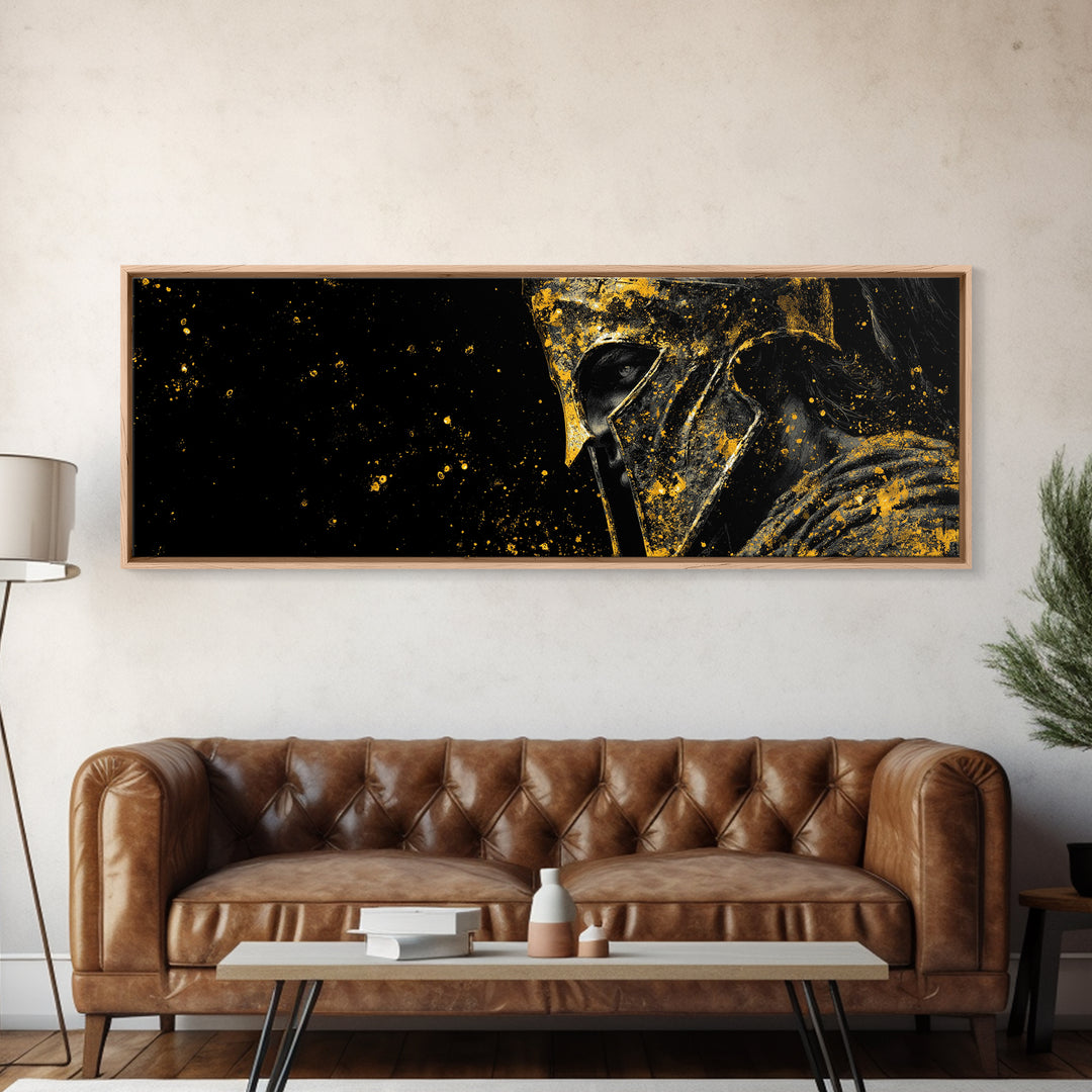 Spartan Helmet Warrior Portrait, Ancient Greek Armor Decorative Artwork, Gold Canvas Print, Real Wood Frame Wall Decor