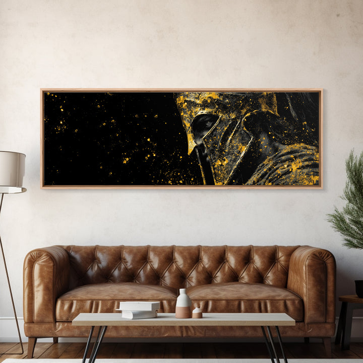 Spartan Helmet Warrior Portrait, Ancient Greek Armor Decorative Artwork, Gold Canvas Print, Real Wood Frame Wall Decor