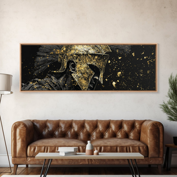 Greek Warrior Side View, Ancient Spartan Helmet With Cloak Decorative Artwork, Gold Canvas Print, Real Wood Frame Wall Decor