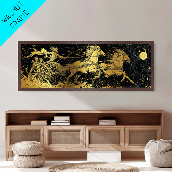 Ancient Chariot Rider, Mythical Warrior Battle Scene Wall Decor, Metallic Gold Metal Print, Real Wood Frame Art