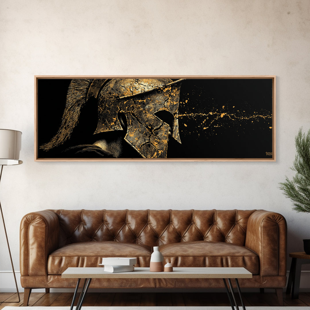 Spartan Warrior Detailed Helmet, Ancient Greek Hero Symbolic Decorative Artwork, Gold Canvas Print, Real Wood Frame Wall Decor