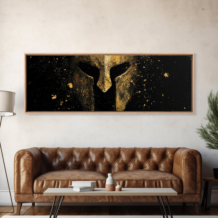 Greek Helmet Front Portrait, Spartan Warrior Decorative Mythological Artwork, Gold Canvas Print, Real Wood Frame Wall Art
