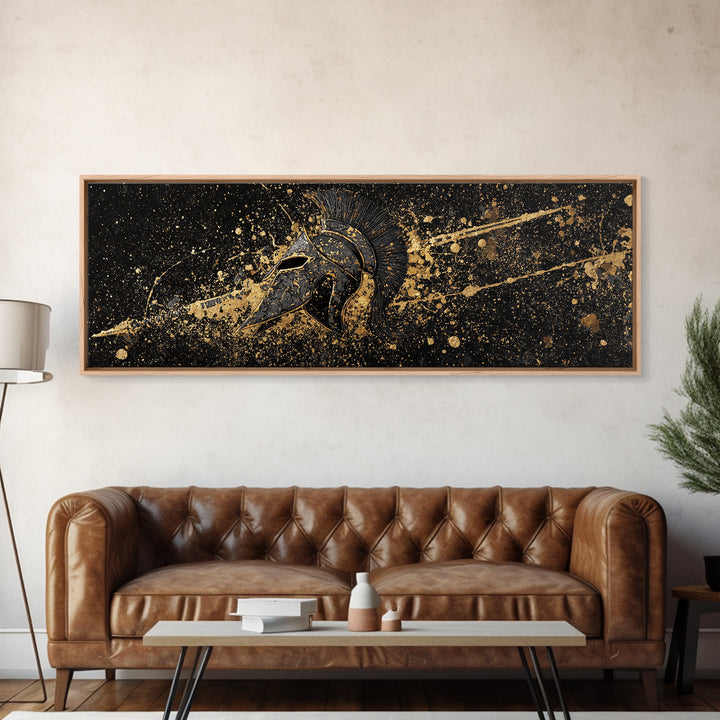 Spartan Helmet Warrior Portrait, Ancient Greek Hero Symbol Decorative Artwork, Gold Canvas Print, Real Wood Frame Mythology Art