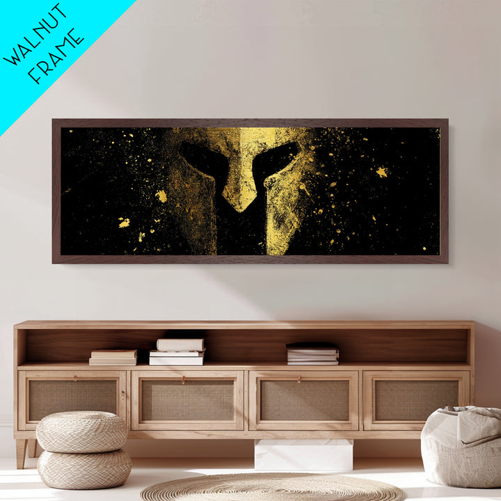 Spartan Helmet Close Detail, Ancient Greek Warrior Decorative Mythological Artwork, Metallic Gold Metal Print, Real Wood Frame Wall Art