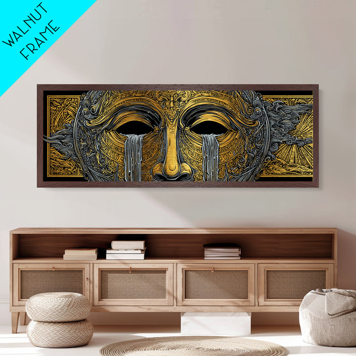 Mythical Golden Mask Illustration, Surreal Greek Inspired Metallic Gold Metal Print, Fantasy Wall Art, Real Wood Frame