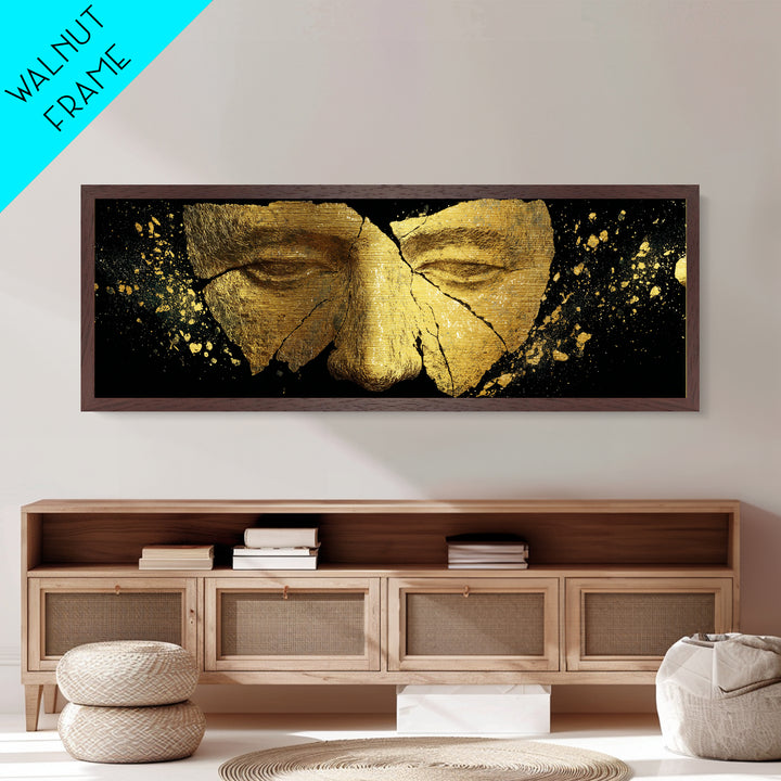 Cracked Ancient Golden Mask, Mythological Relic Metallic Gold Metal Print, Unique Fantasy Wall Art, Real Wood Frame