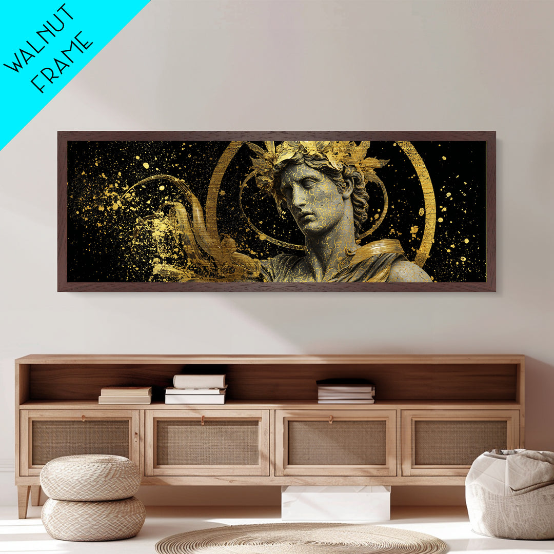Apollo Bust With Golden Halo, Ancient Greek God Metallic Gold Metal Print, Mythology Sculpture Wall Art, Real Wood Frame