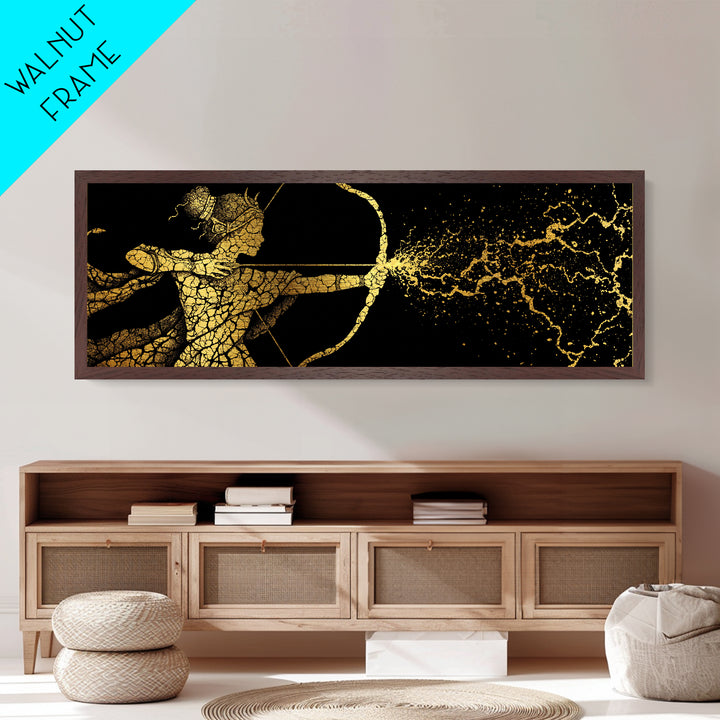 Artemis Golden Archer Illustration, Ancient Greek Goddess Metallic Gold Metal Print, Mythology Wall Art, Real Wood Frame