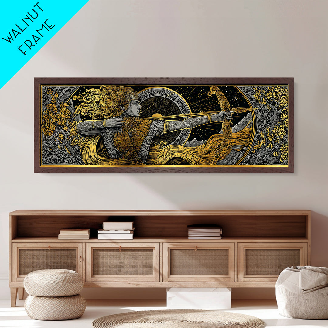 Greek Goddess Artemis With Bow, Mythological Archer Metallic Gold Metal Print, Fantasy Wall Art, Real Wood Frame