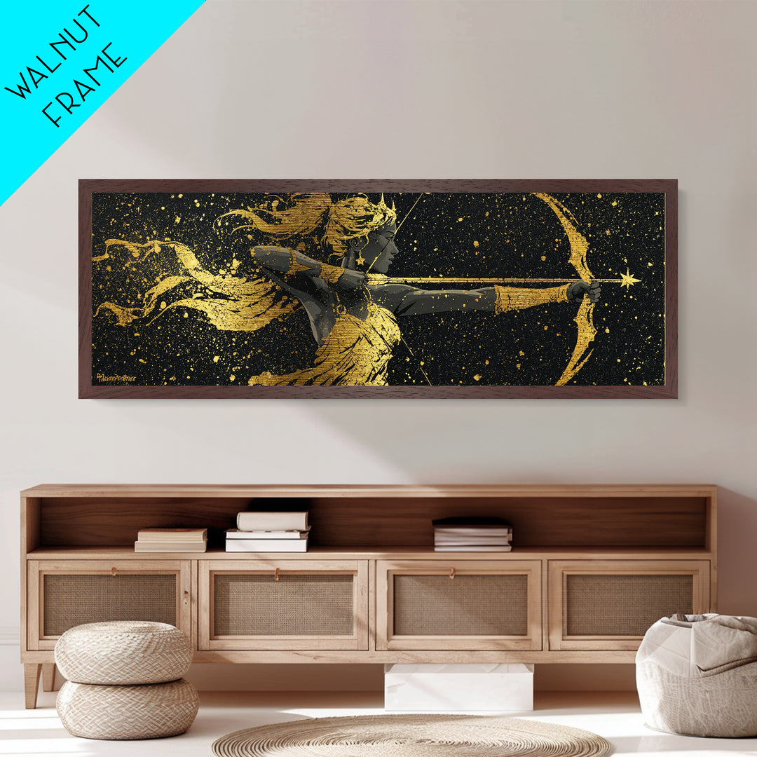 Celestial Artemis Archer Artwork, Mythology Inspired Metallic Gold Metal Print, Greek Goddess Wall Art, Real Wood Frame
