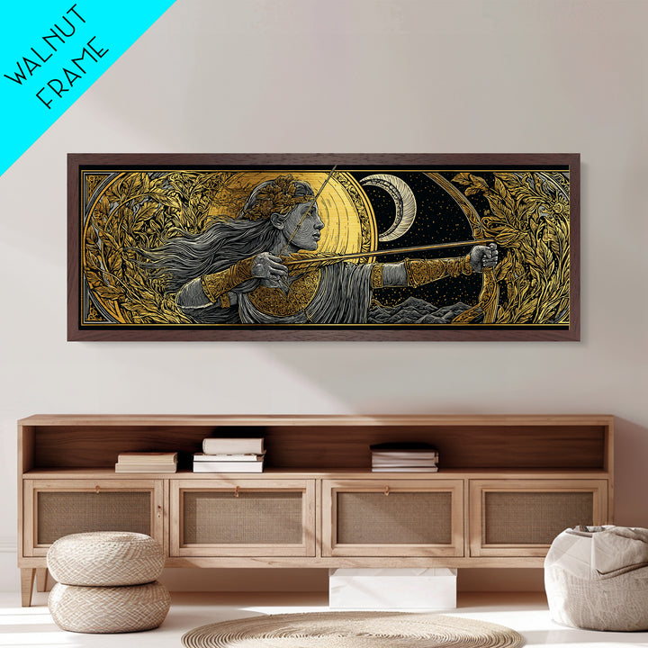 Artemis Moon Goddess Archer, Mythology Inspired Metallic Gold Metal Print, Greek Goddess Wall Art, Real Wood Frame