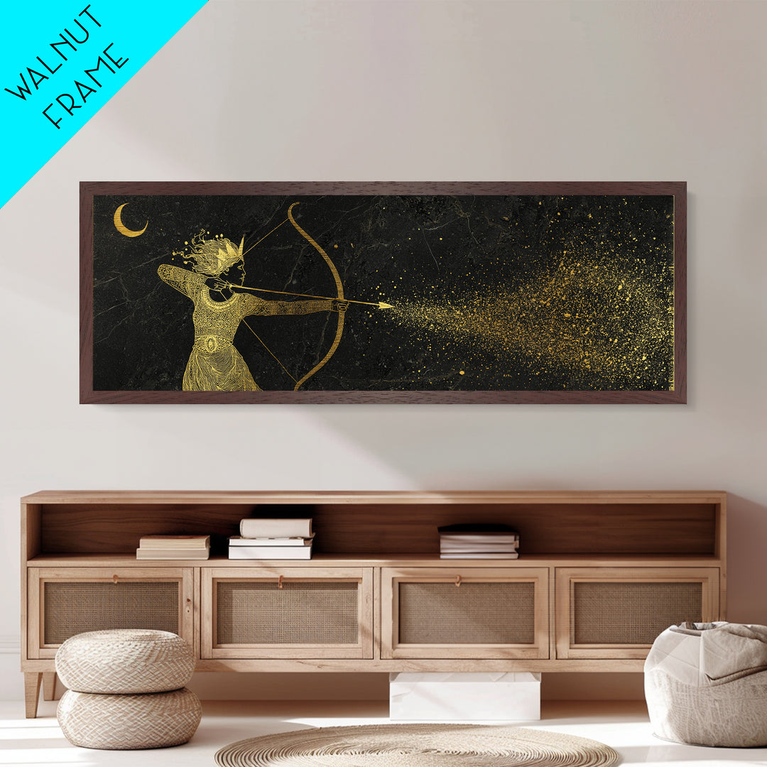 Celestial Artemis Shooting Stars, Ancient Greek Goddess Metallic Gold Metal Print, Mythology Wall Art, Real Wood Frame