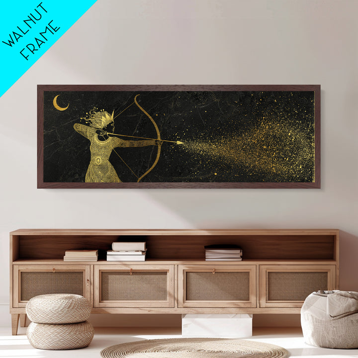 Celestial Artemis Shooting Stars, Ancient Greek Goddess Metallic Gold Metal Print, Mythology Wall Art, Real Wood Frame
