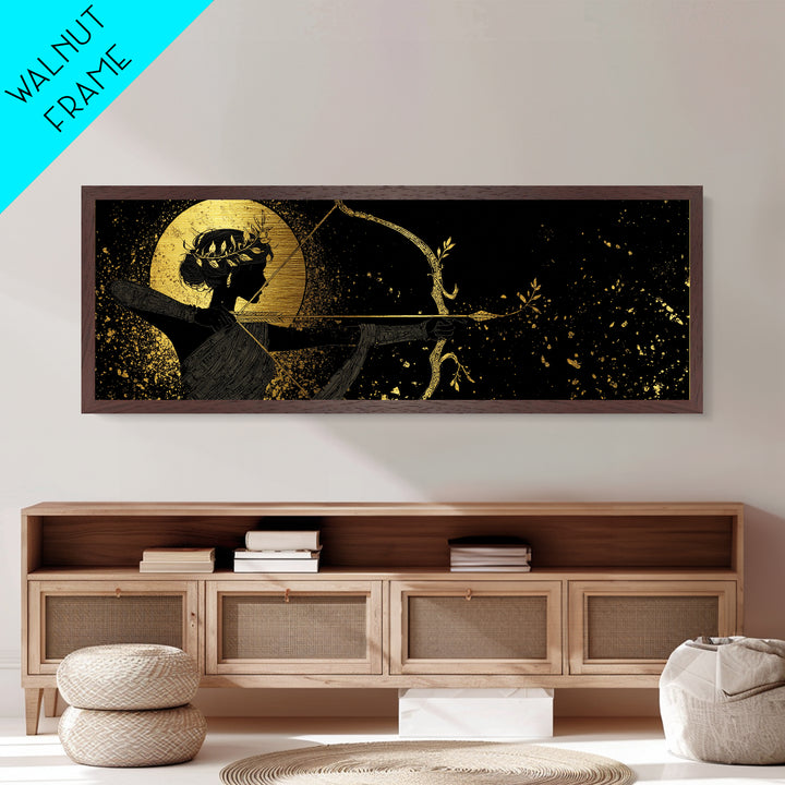 Divine Artemis With Bow And Moon, Mythology Inspired Metallic Gold Metal Print, Goddess Wall Art, Real Wood Frame