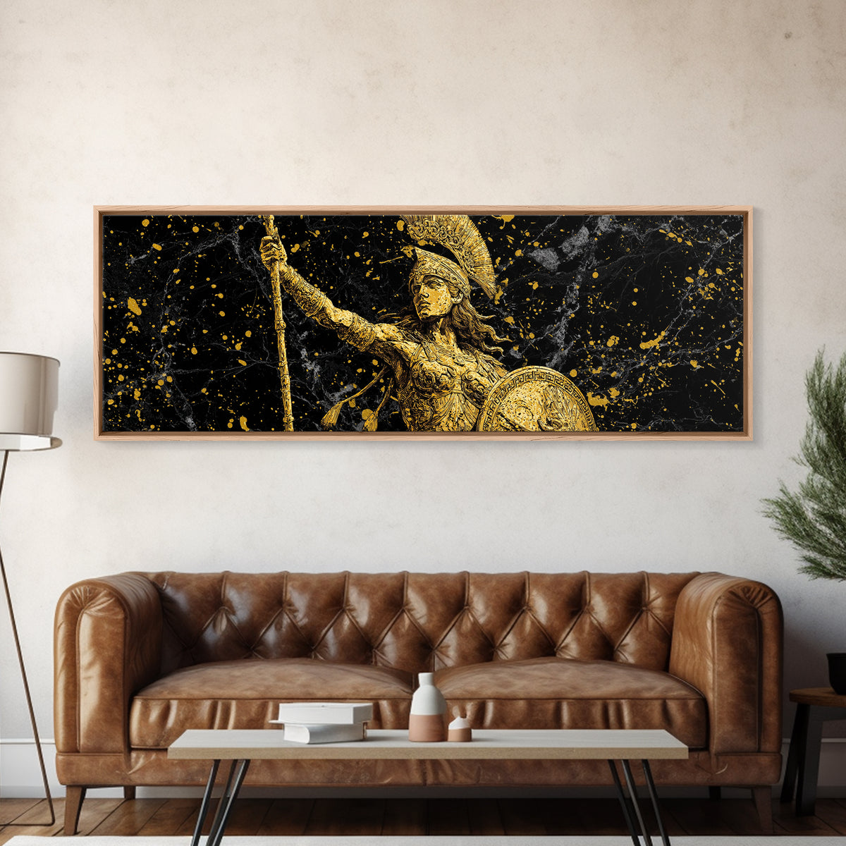 Athena Goddess Of Wisdom And War, Ancient Greek Gold Canvas Print, Mythology Warrior Wall Art, Real Wood Frame