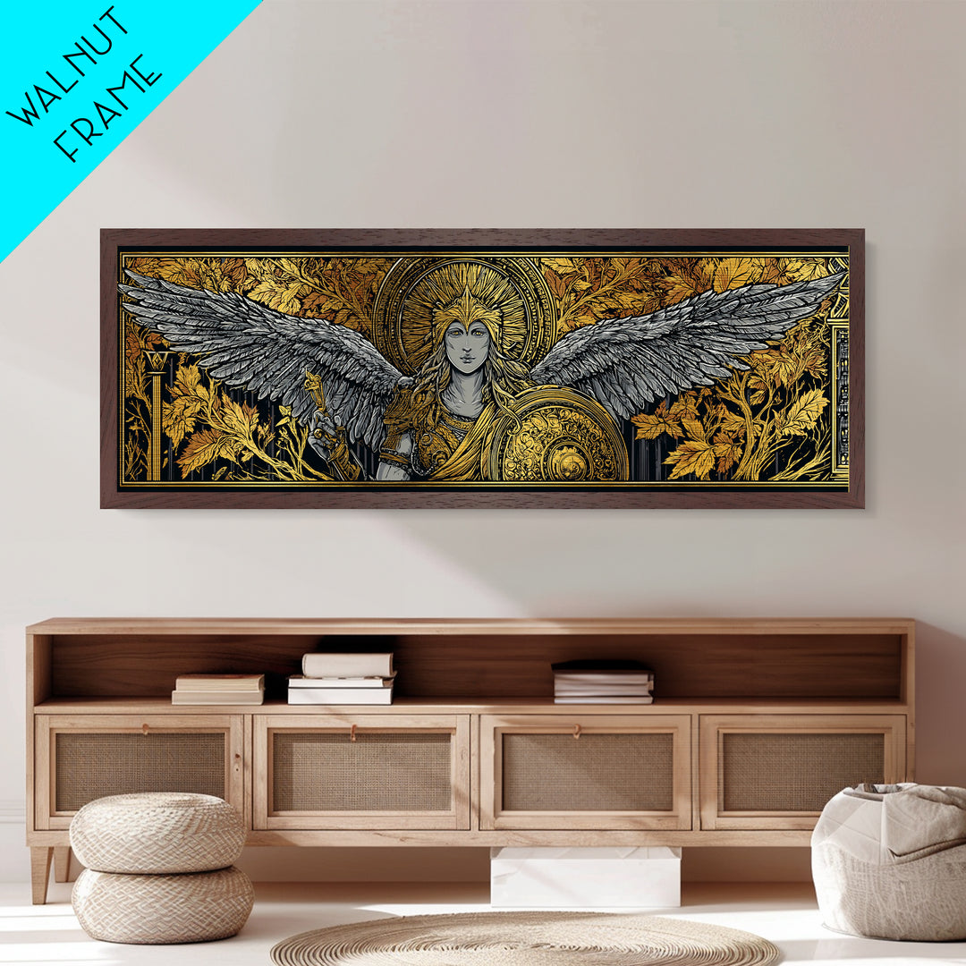Athena With Wings And Shield, Ancient Greek Goddess Metallic Gold Metal Print, Mythology Warrior Wall Art, Real Wood Frame