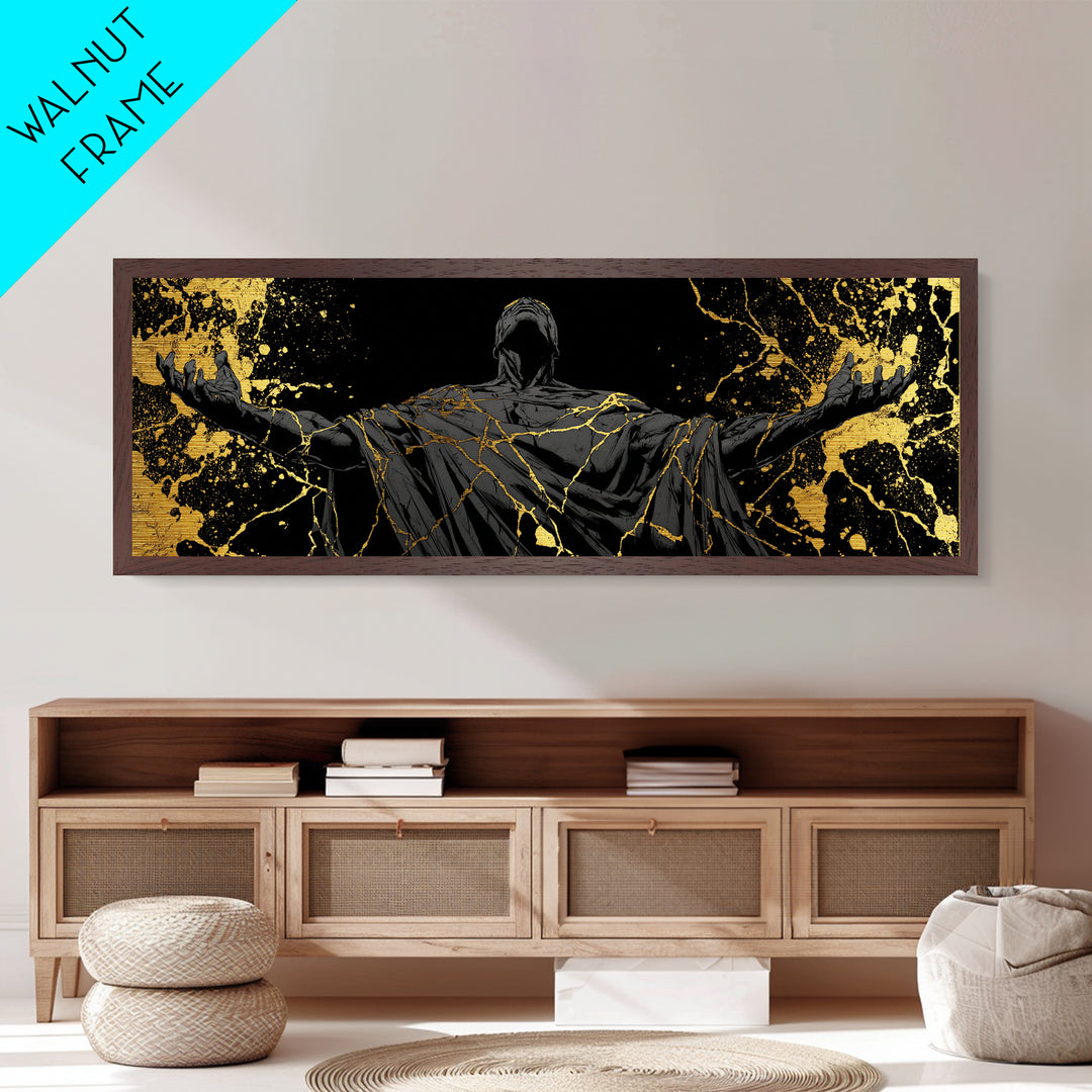 Broken God Kintsugi Style, Abstract Mythology Figure, Metallic Gold Metal Print, Elegant Modern Wall Art, Real Wood Frame