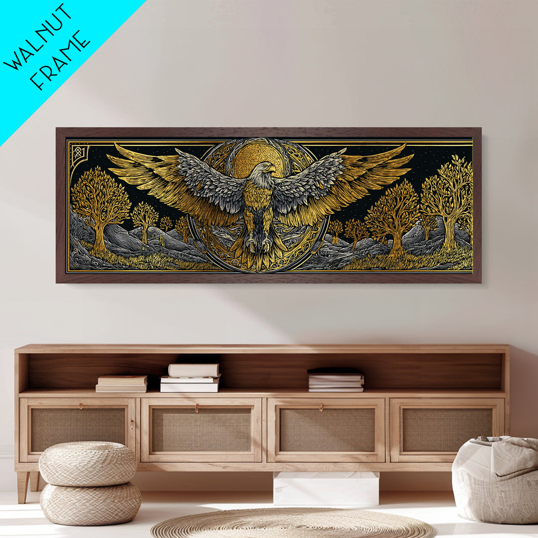 Eagle With Outstretched Wings, Mythology Bird Wall Decor, Metallic Gold Metal Print, Symbolic Strength Art, Real Wood Frame
