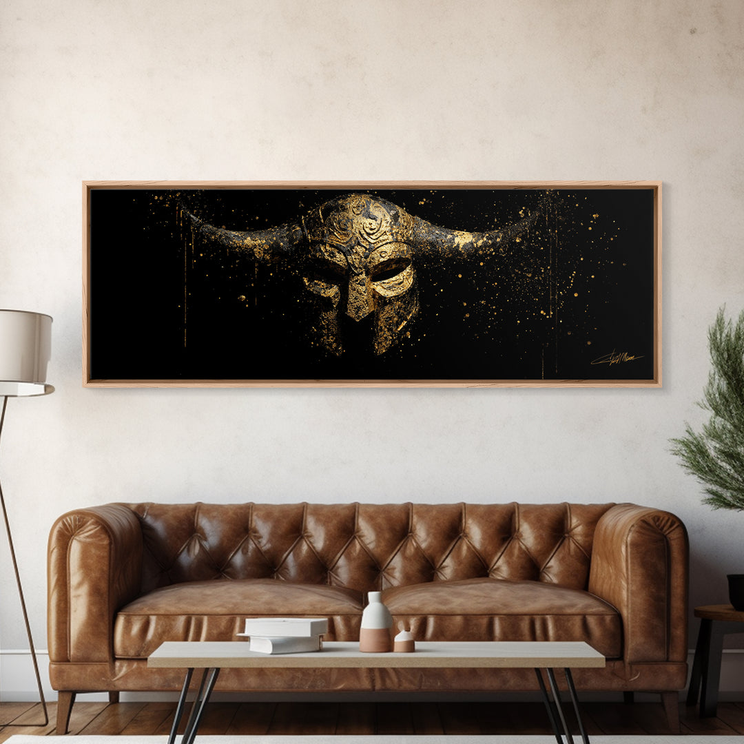 Warrior Viking Helmet, Norse Mythology Wall Art, Gold Canvas Print, Dramatic Historical Decor, Real Wood Frame