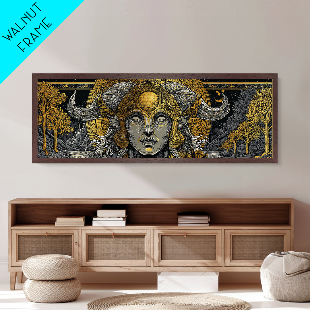 Horned Goddess Portrait, Celtic Mythology Wall Decor, Metallic Gold Metal Print, Fantasy Pagan Inspired Art, Real Wood Frame