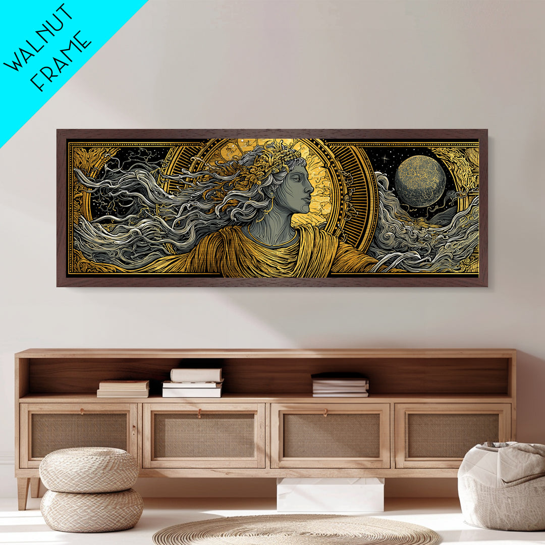 Solar Goddess With Moon, Celestial Mythology Wall Art, Metallic Gold Metal Print, Elegant Greek Inspired Decor, Real Wood Frame