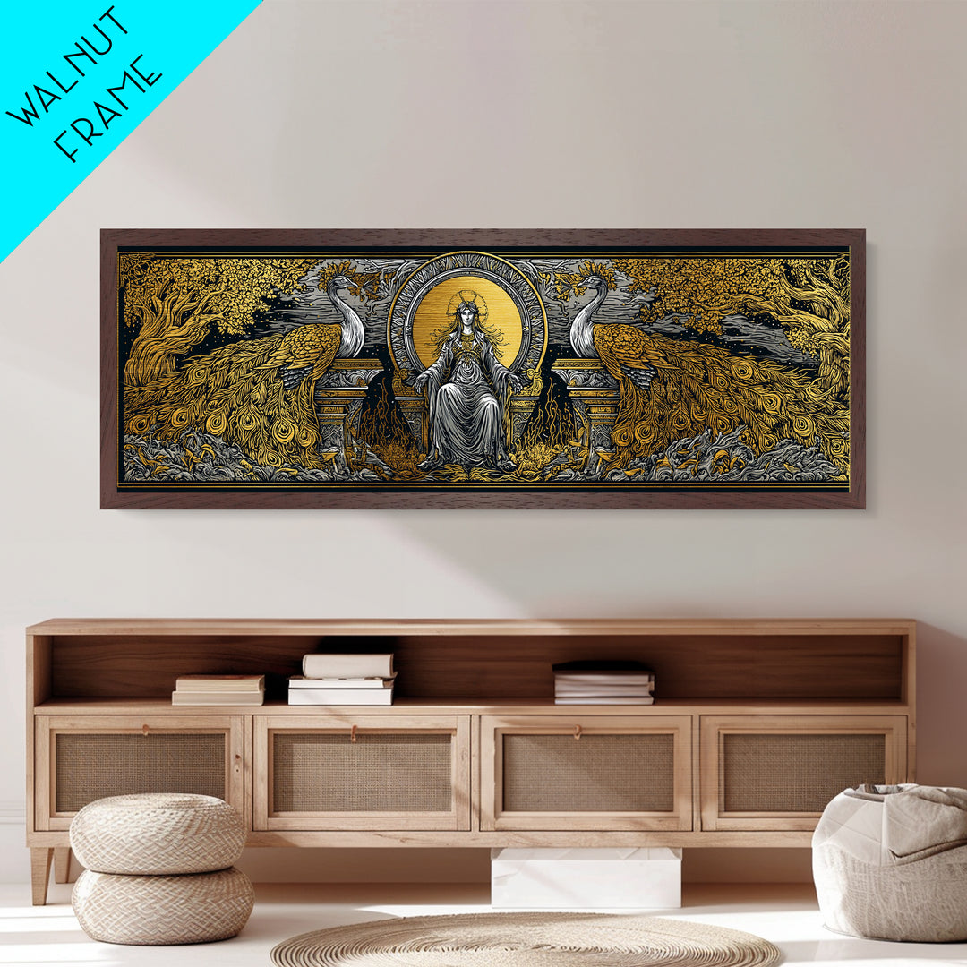 Queen Goddess With Peacocks, Mythology Regal Wall Art, Metallic Gold Metal Print, Luxurious Divine Decor, Real Wood Frame