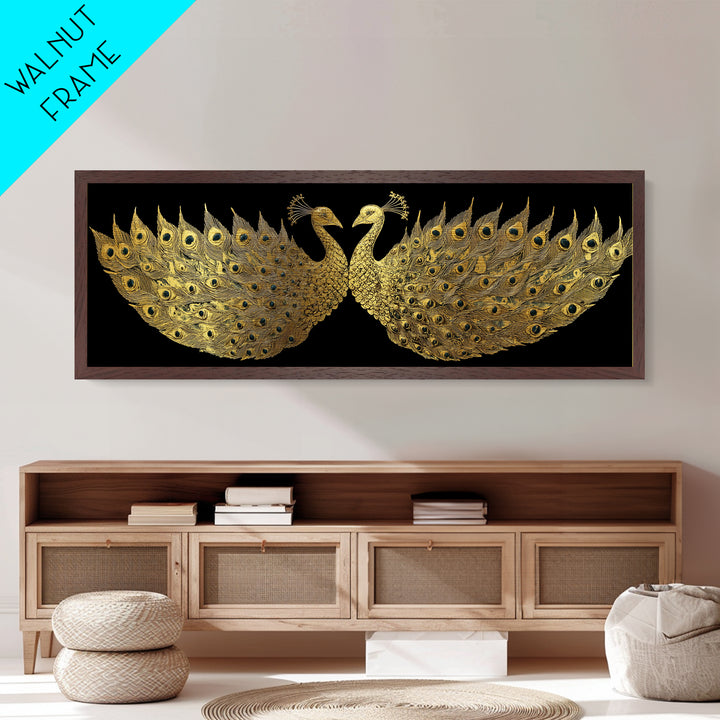 Twin Peacock Feathers, Elegant Bird Wall Decor, Metallic Gold Metal Print, Symbolic Decorative Art, Real Wood Frame