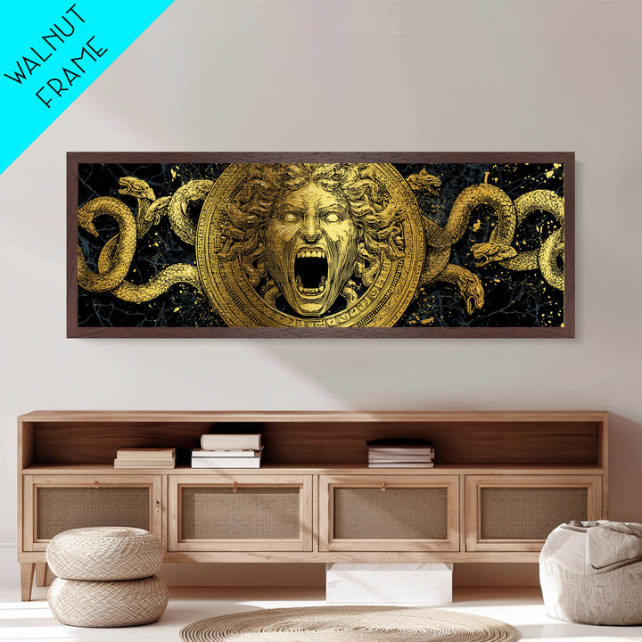 Medusa Metallic Gold Metal Print, Mythology Wall Art, Serpent Hair Gorgon Illustration, Greek Goddess Decor, Real Wood Frame, Luxury