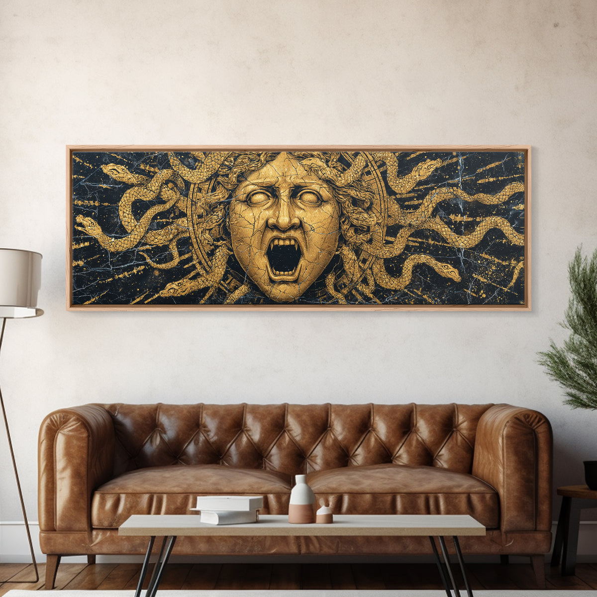 Medusa Serpent Gold Canvas Print, Greek Mythology Wall Art, Gorgon Face Illustration, Real Wood Frame, Unique Statement Decor
