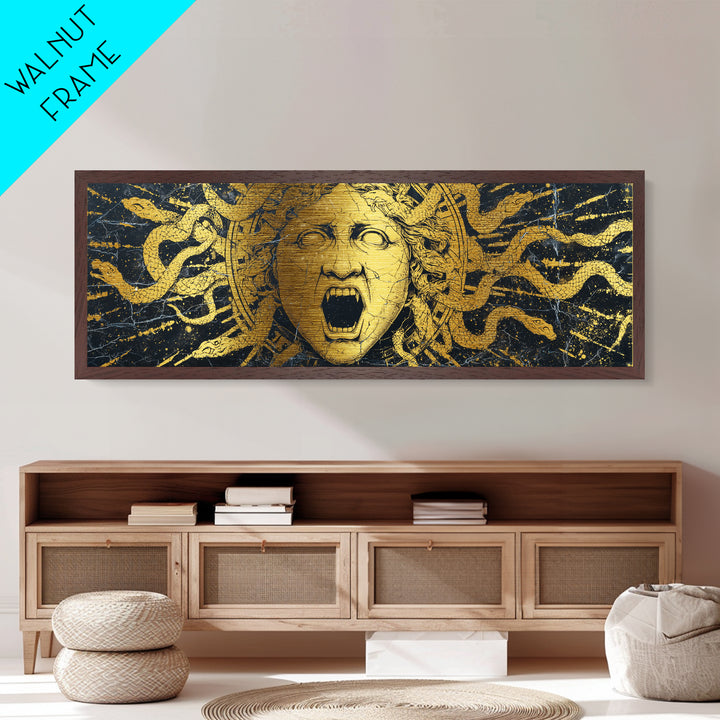 Medusa Serpent Metallic Gold Metal Print, Greek Mythology Wall Art, Gorgon Face Illustration, Real Wood Frame, Unique Statement Decor
