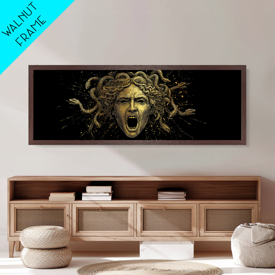 Medusa Head Metallic Gold Art, Greek Mythological Gorgon Wall Print, Snake Hair Woman Illustration, Real Wood Frame, Bold Luxury Decor