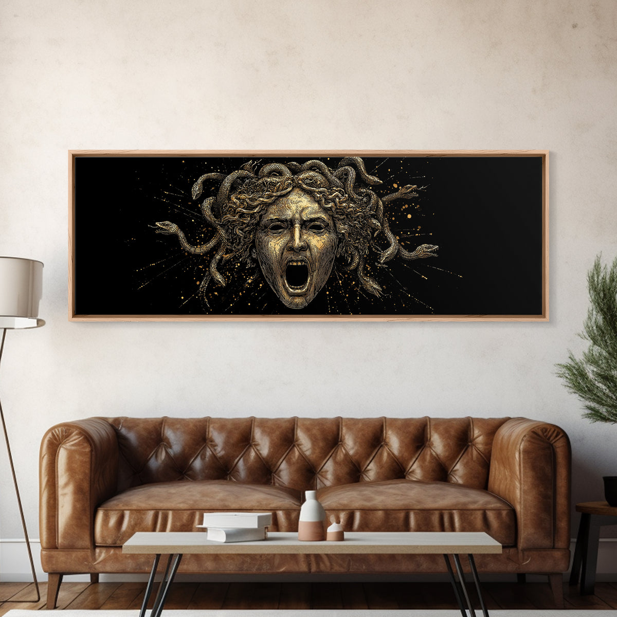 Medusa Head Gold Canvas Art, Greek Mythological Gorgon Wall Print, Snake Hair Woman Illustration, Real Wood Frame, Bold Luxury Decor